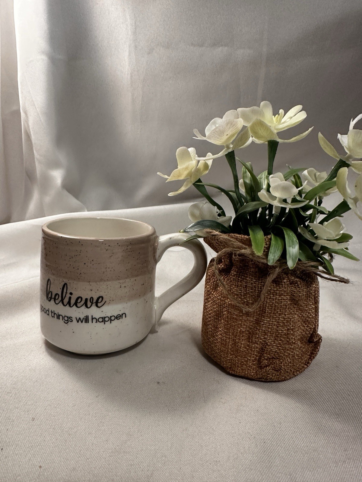 White Flowers Tan/White Pottery Mug Believe Good Things Will Happen