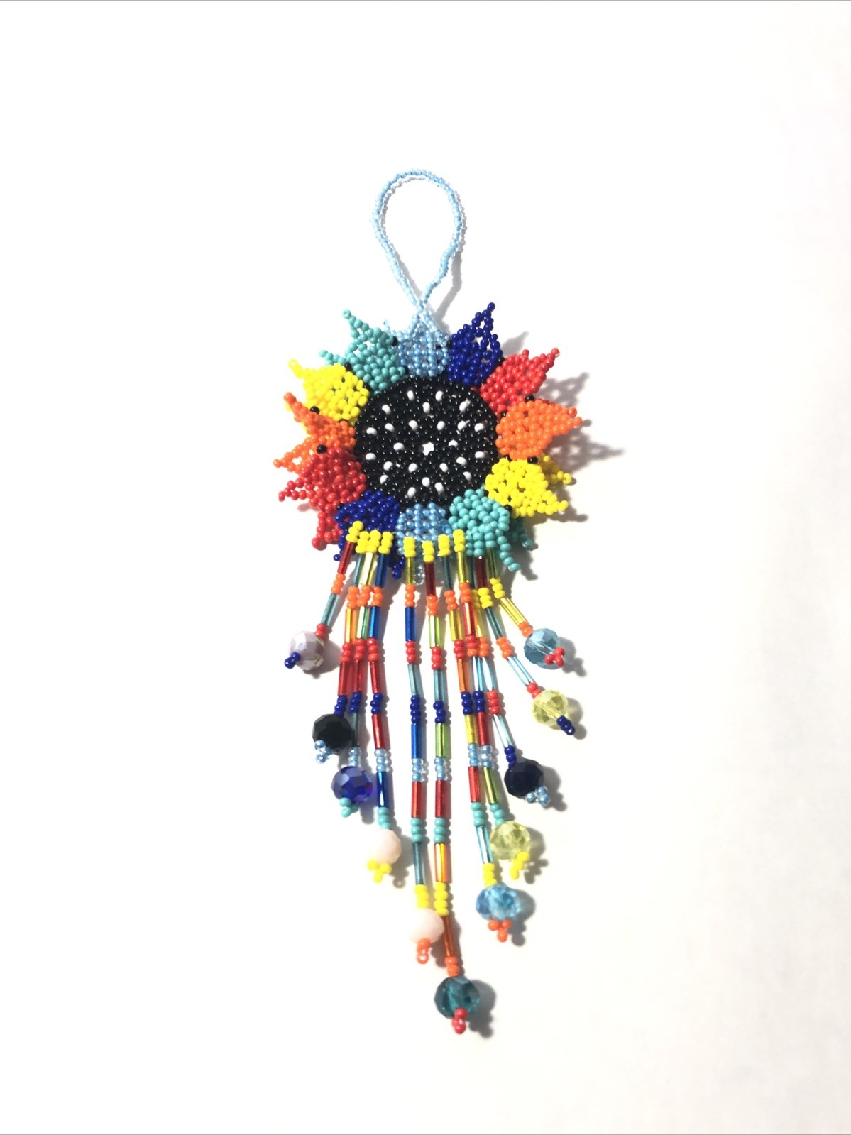 Hand Made Beaded Colorful Mexican Sunflower 5” Seed Bead Dangle Charm Ornament.