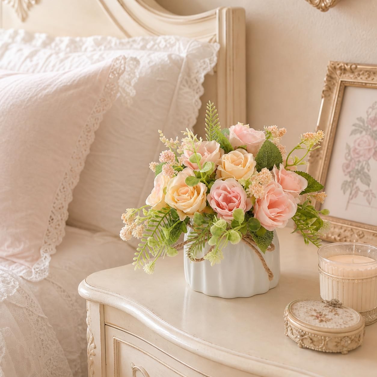Artificial Rose Flower Plants with Small Ceramic Vase Fake Silk Variety Flowe…