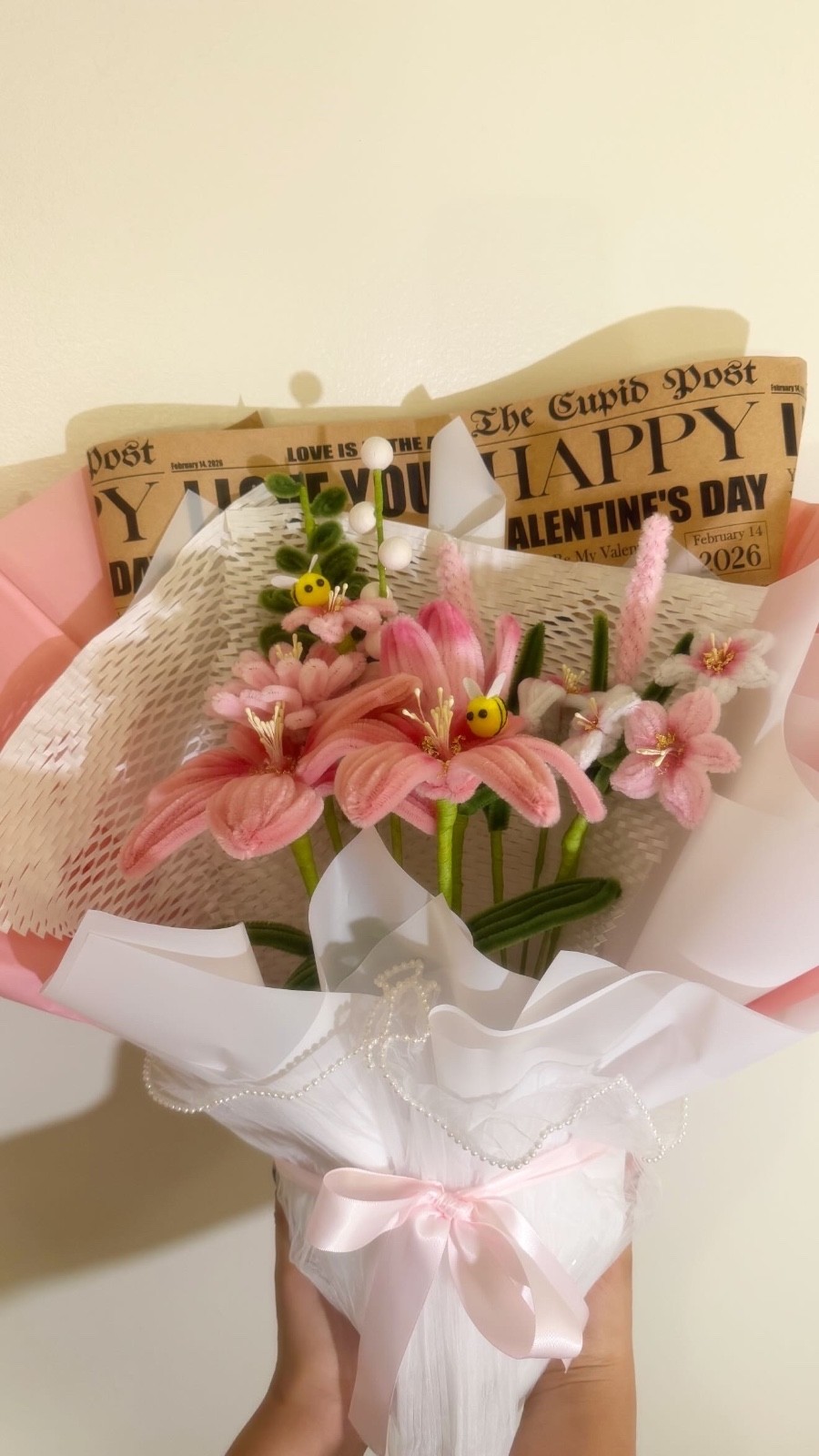 Pipe cleaner flower bouquet, pink fluffy flowers, Valentine’s Day,