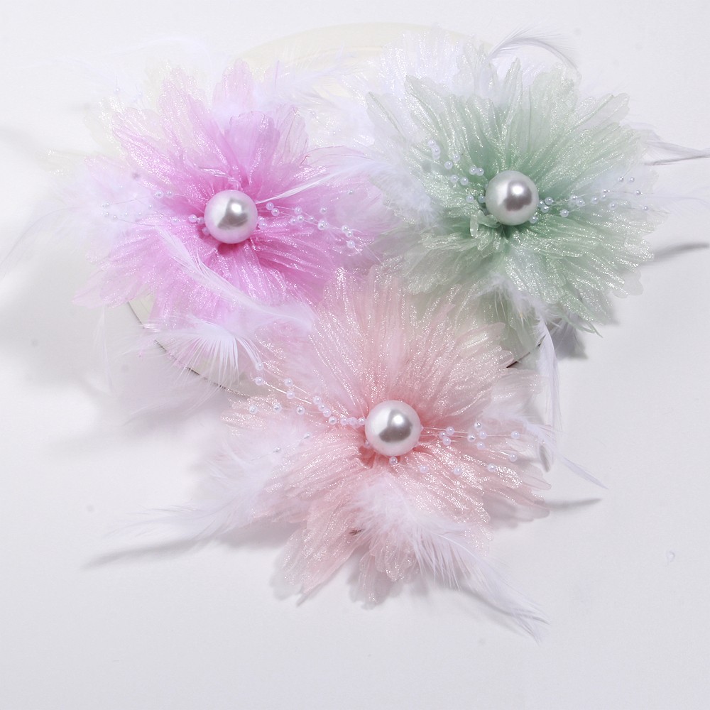 12.5cm New Organza Retro Pearl Feather Flower Floral Shape DIY Fabric Applique