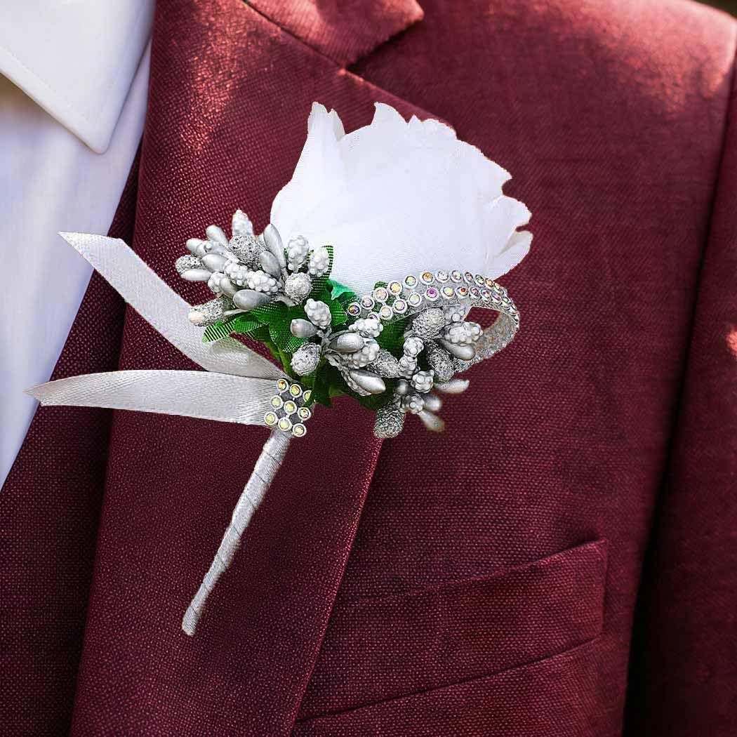 Rose Wedding Boutonniere White Groom Flower Buttonholes Men Silver Gray