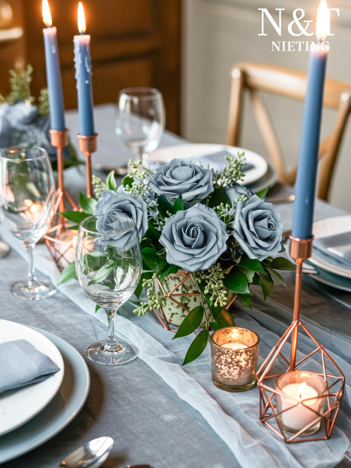 25 Pcs Dusty Blue Gray Foam Roses Fake Flowers DIY Wedding Cake Party Decor