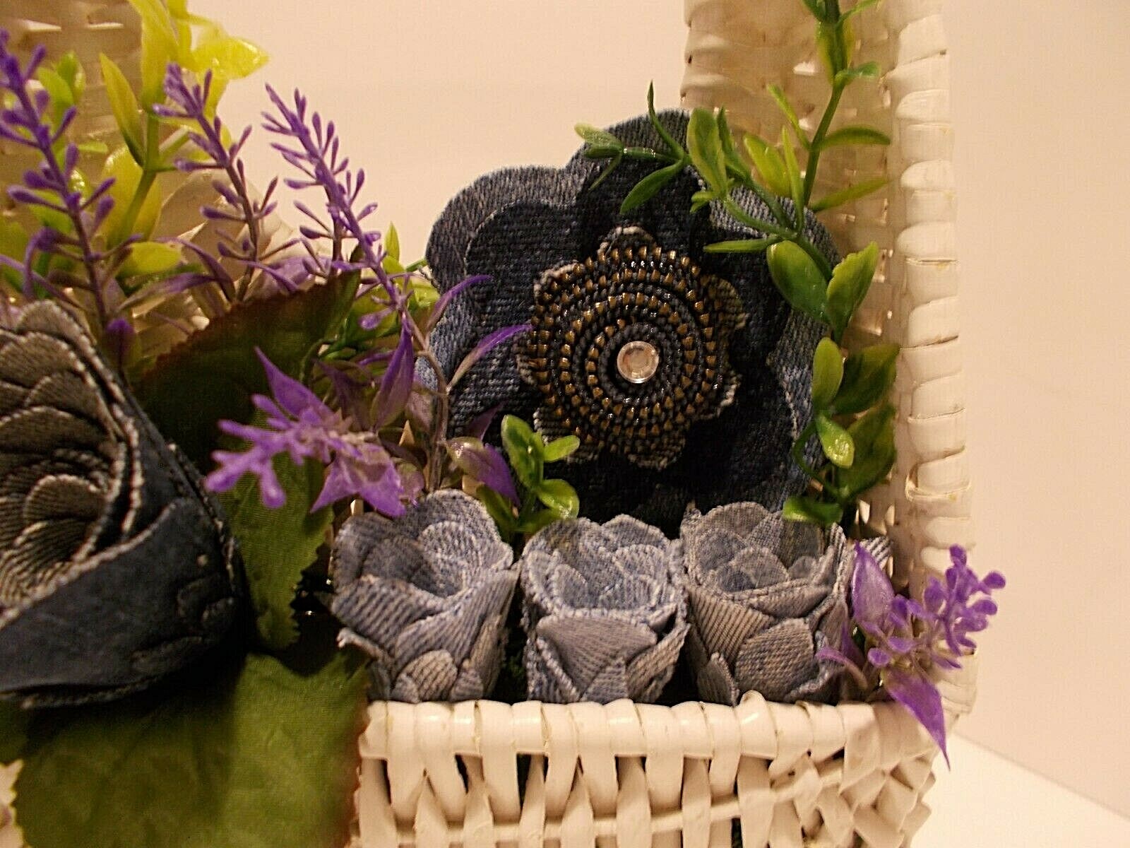White Wicker Pocket Basket w Denim Roses Denim Zipper Flower w Faux Lavender