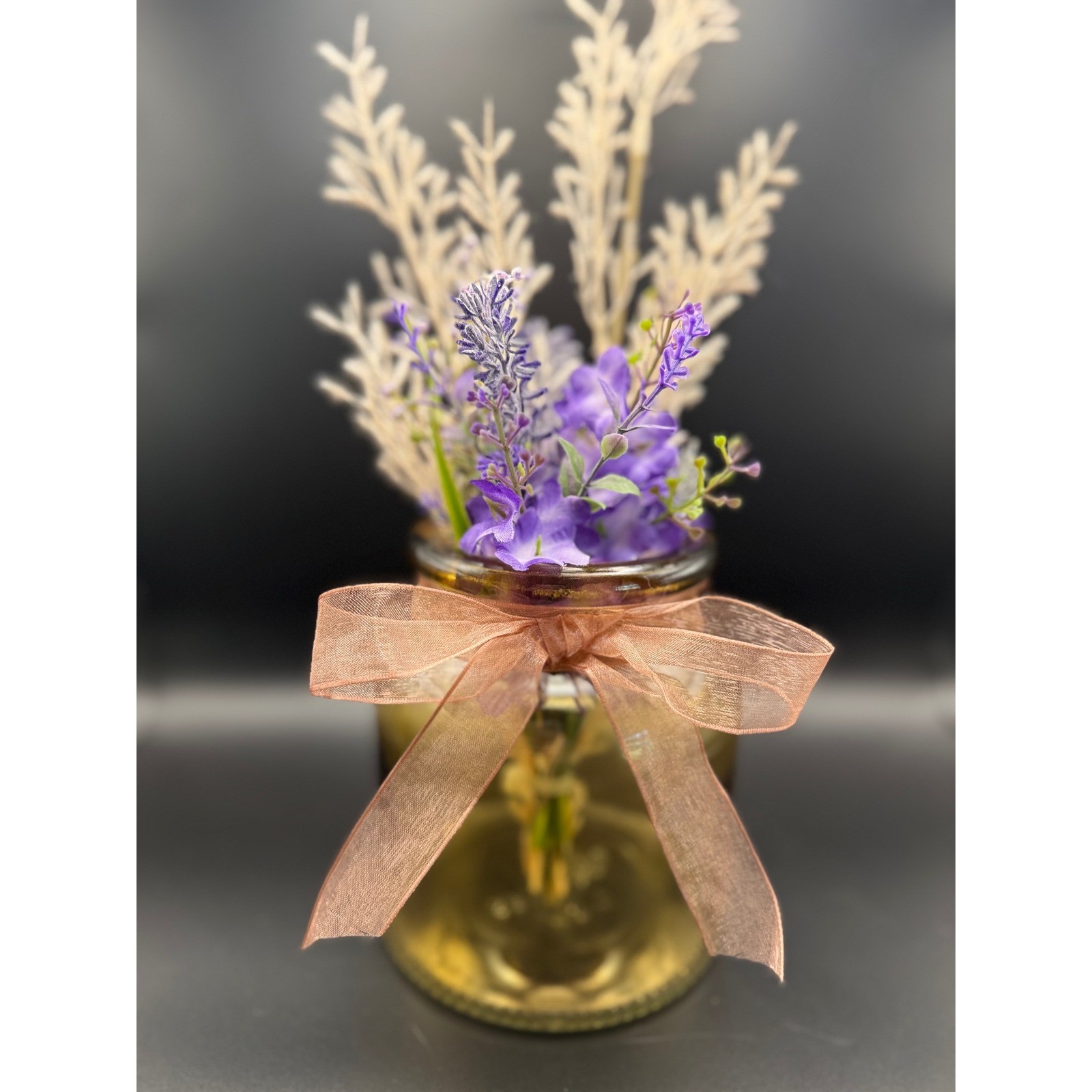 Faux Purple Lavender Arrangement in an Amber Arkansas Glass Container Corp Vase