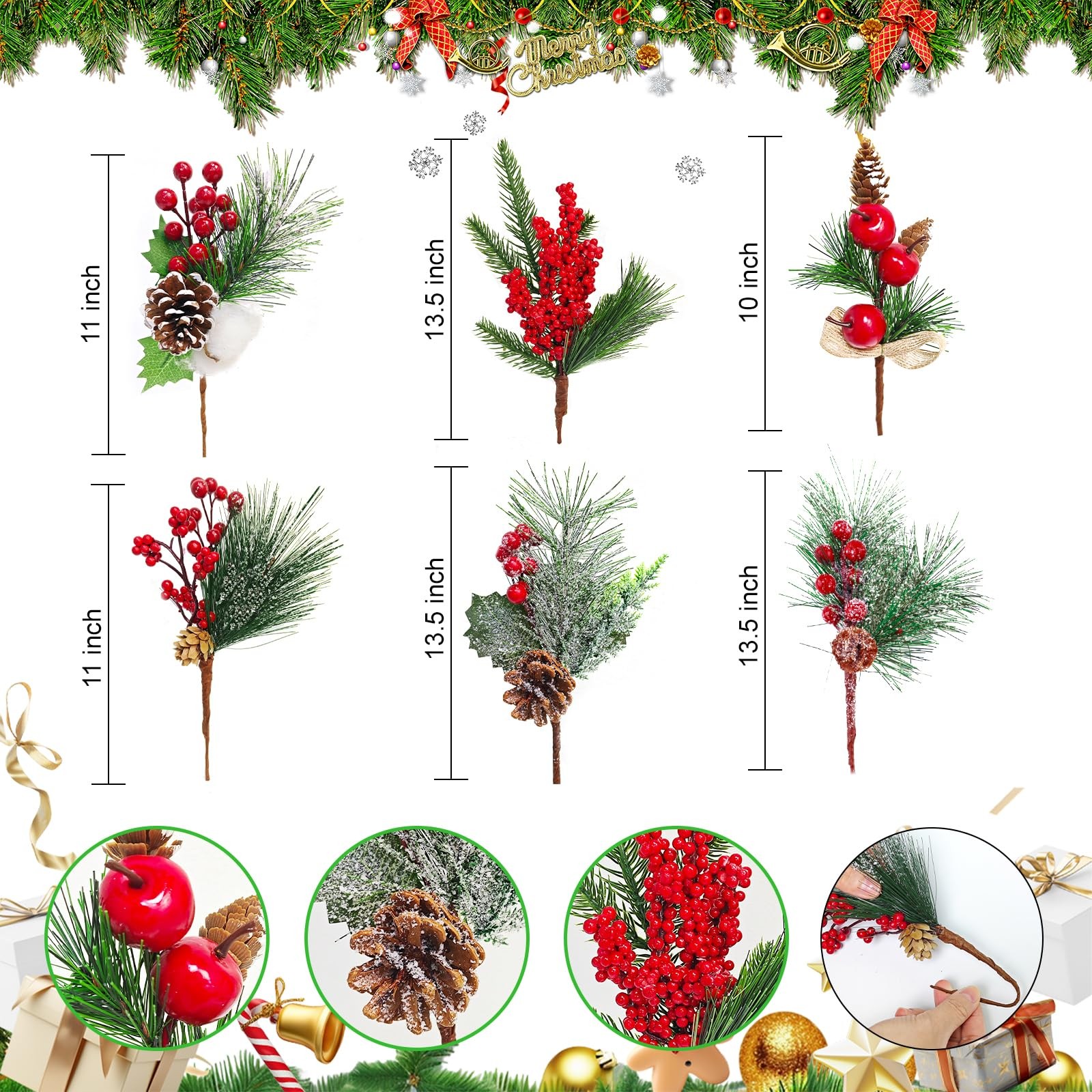 Christmas Picks and Sprays Artificial Pine Needles Branches Berries Red Stems…