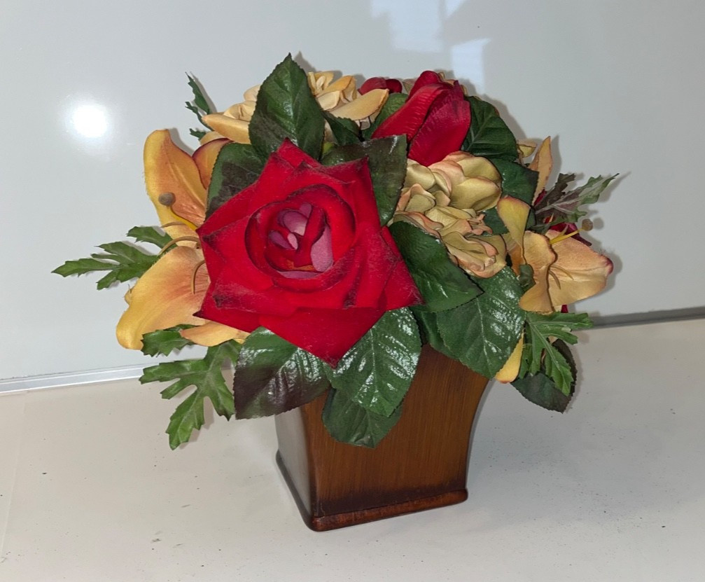 Red & Yellow Faux Flower Roses Centerpiece Beige Mahoga Brown Neutral Home Decor