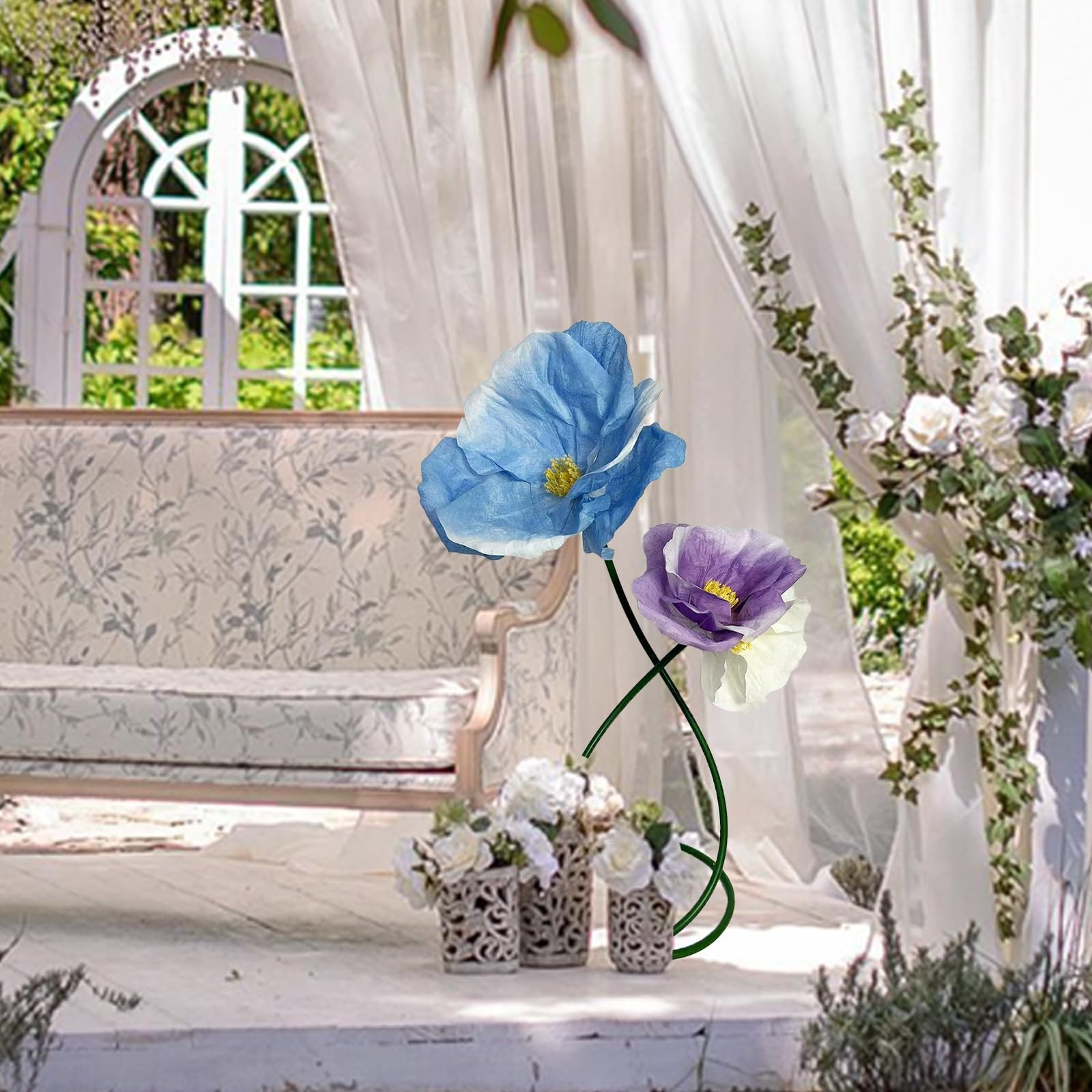 Blue Purple White Artificial Faux Flower Set Outdoor/Indoor Decor – 3D Waterp…