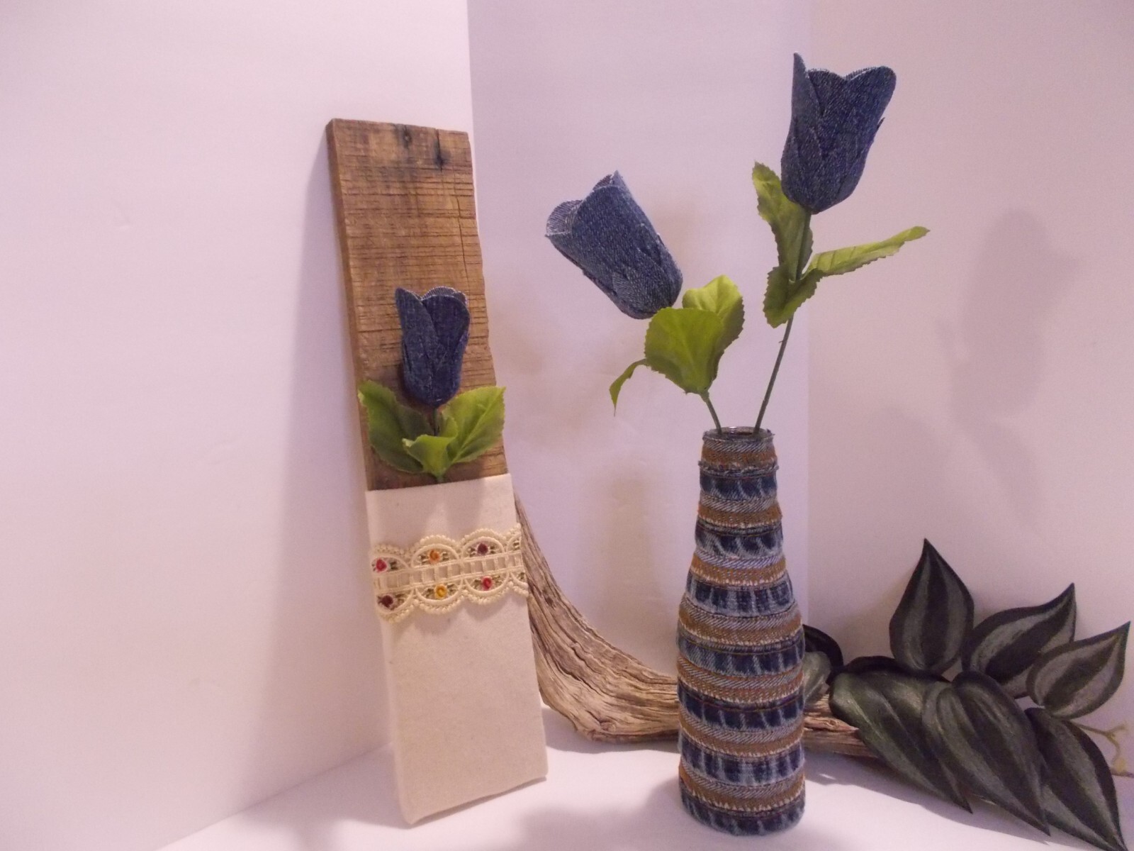 Denim Jeans Seams Bottle Vase Farmhouse Wall Pocket Denim Decor Boho Cottage