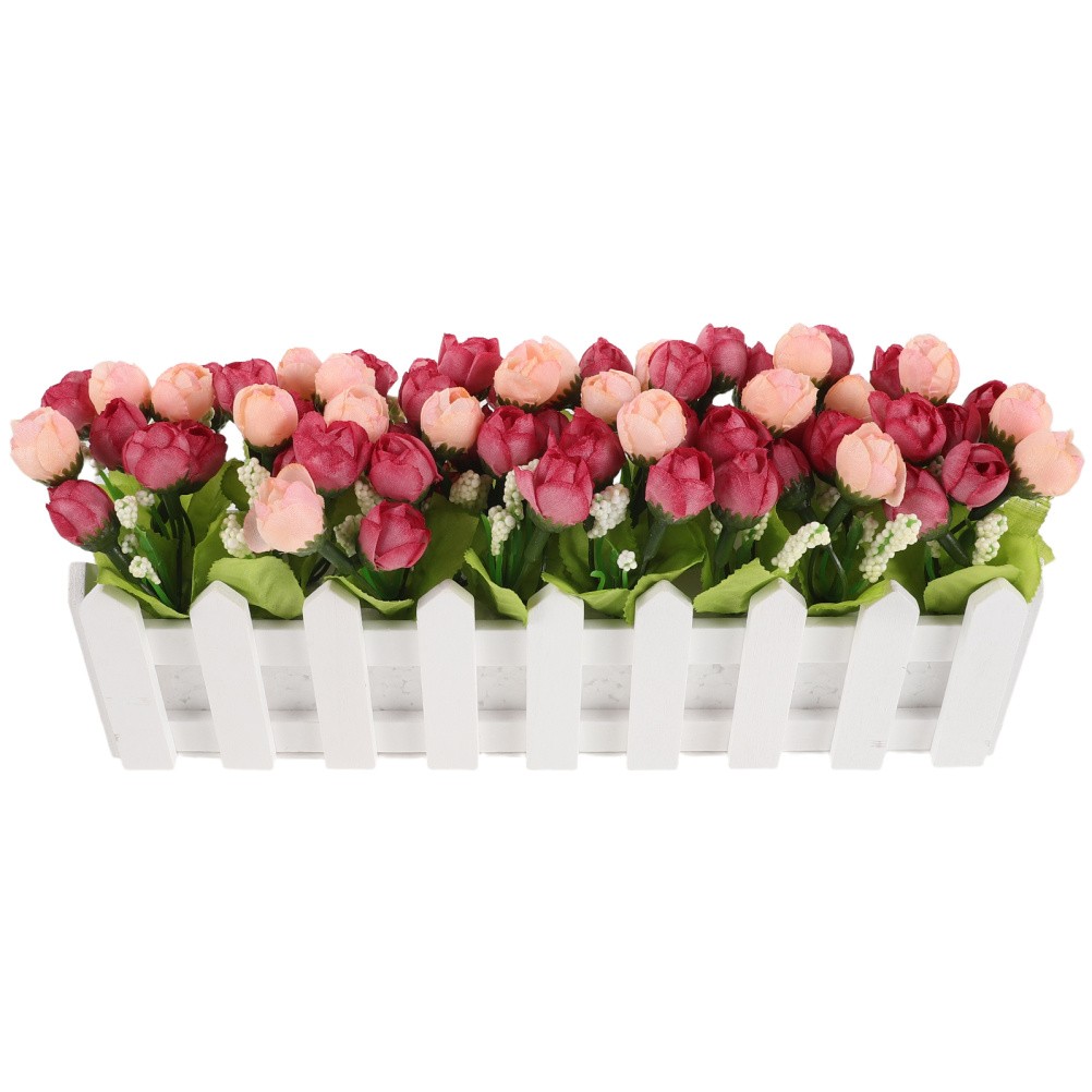 Simulation Flower Bonsai with Fence Rosy Artificial Flower for Home Office Desk