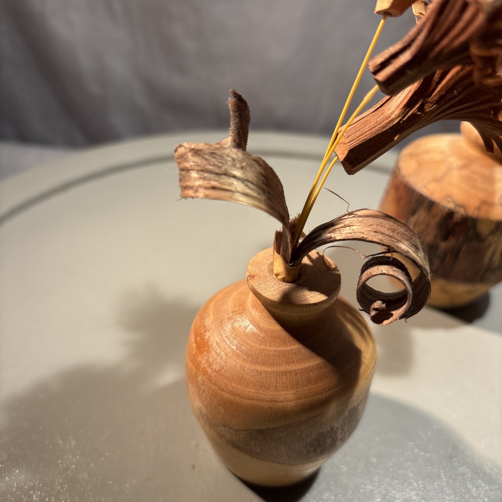 Set Of 2 ~ Wood Shaving Artificial Flowers in wood vase 6″ H Brown Orange Beige