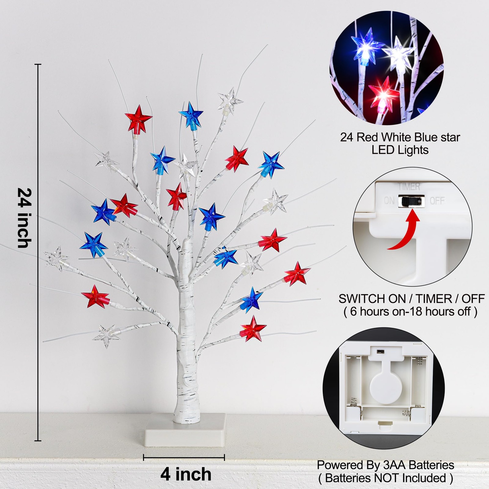 2 Pack 18″ 4th of July Patriotic Tree Lights with 24 LED Red White Blue Star …