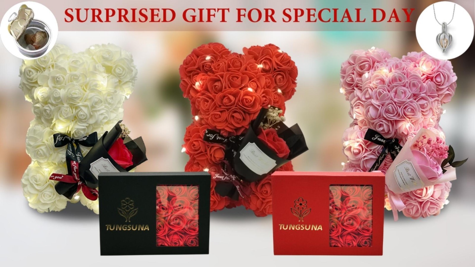 Artificial Flower Rose Teddy Bear with Preserved Bouquet & Pearl Necklace – Perf