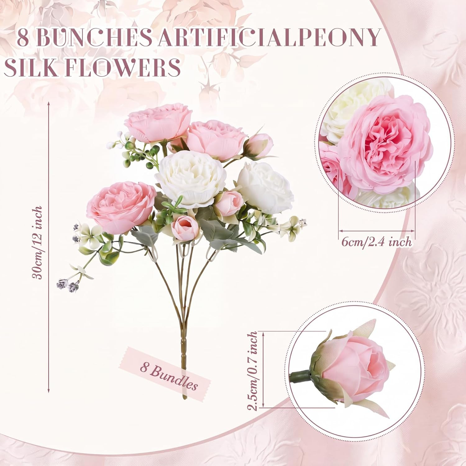 8 Bundles Silk Peony Flowers for Wedding Party Décor – White & Pink