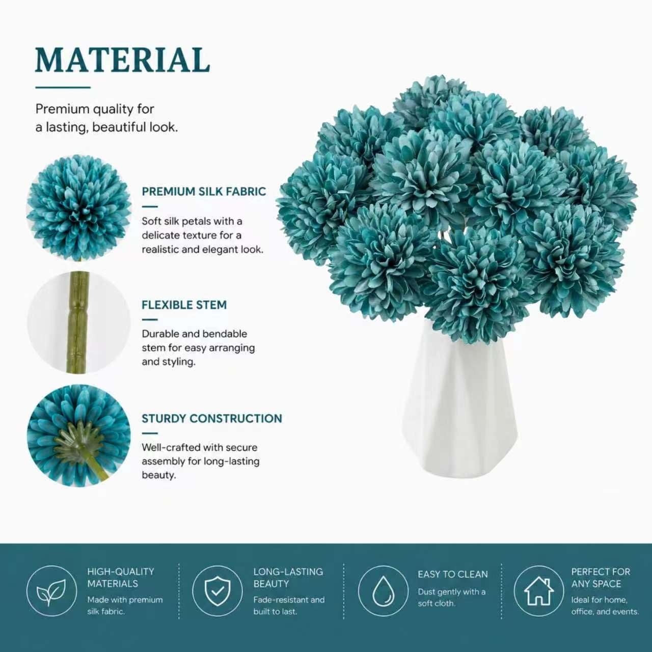 Teal Chrysanthemum Artificial Mums Flowers Home Centerpiece Silk Decor 12 PCS