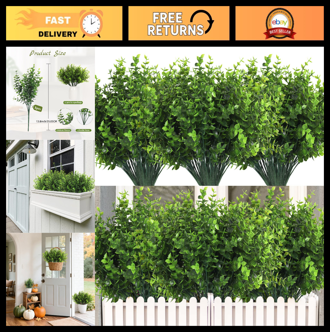 12 Large Artificial Boxwood Stems – Faux Greenery for Home, Garden, Wedding Deco