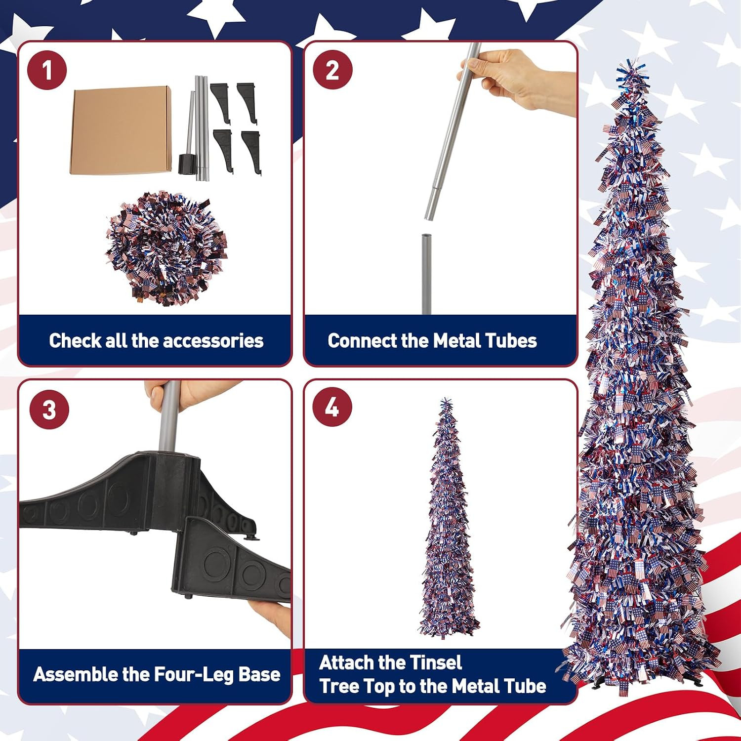Verinatural 5FT Pop up 4Th of July Decorations Patriotic Tinsel Tree – USA Theme