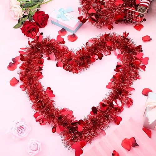 5Pcs 33Ft Valentine’s Day Tinsel Garland, Red Heart Metallic Tinsel Twist