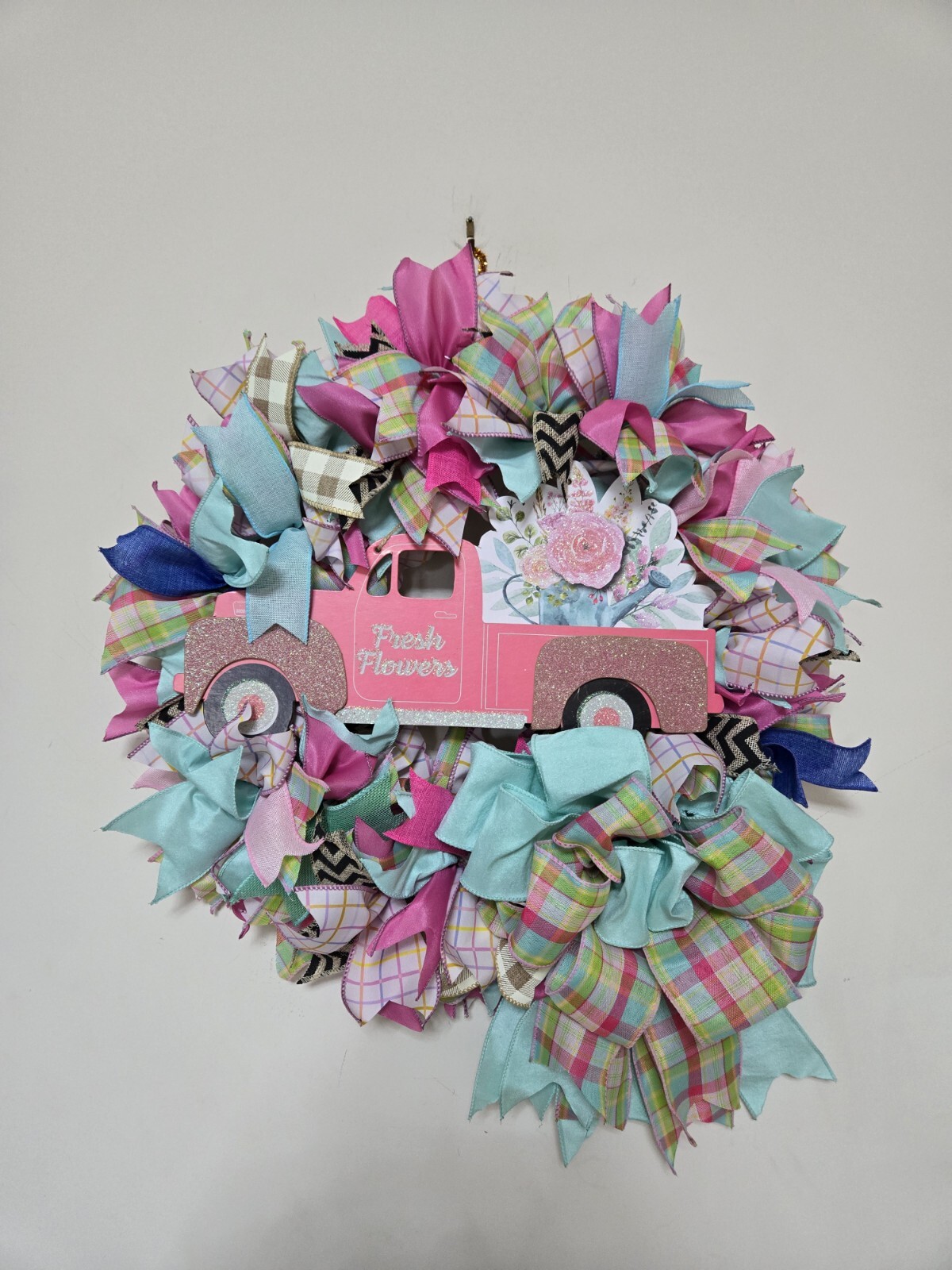 FRESH FLOWERS pink Truck WREATH Spring SUMMER Fall Front Door Wall Decor BIG BOW