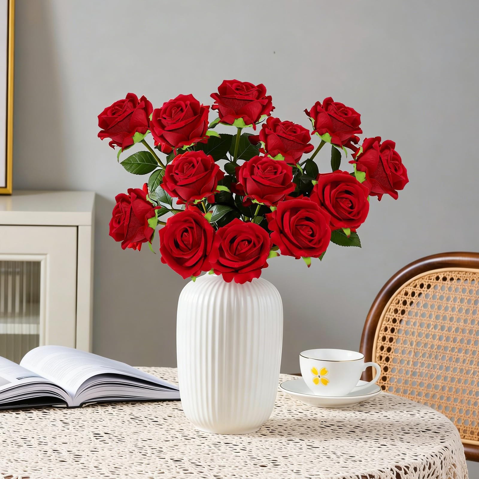 12 Pcs Red Roses Artificial Flowers, Real Touch Fake Velvet Flowers with Stem…