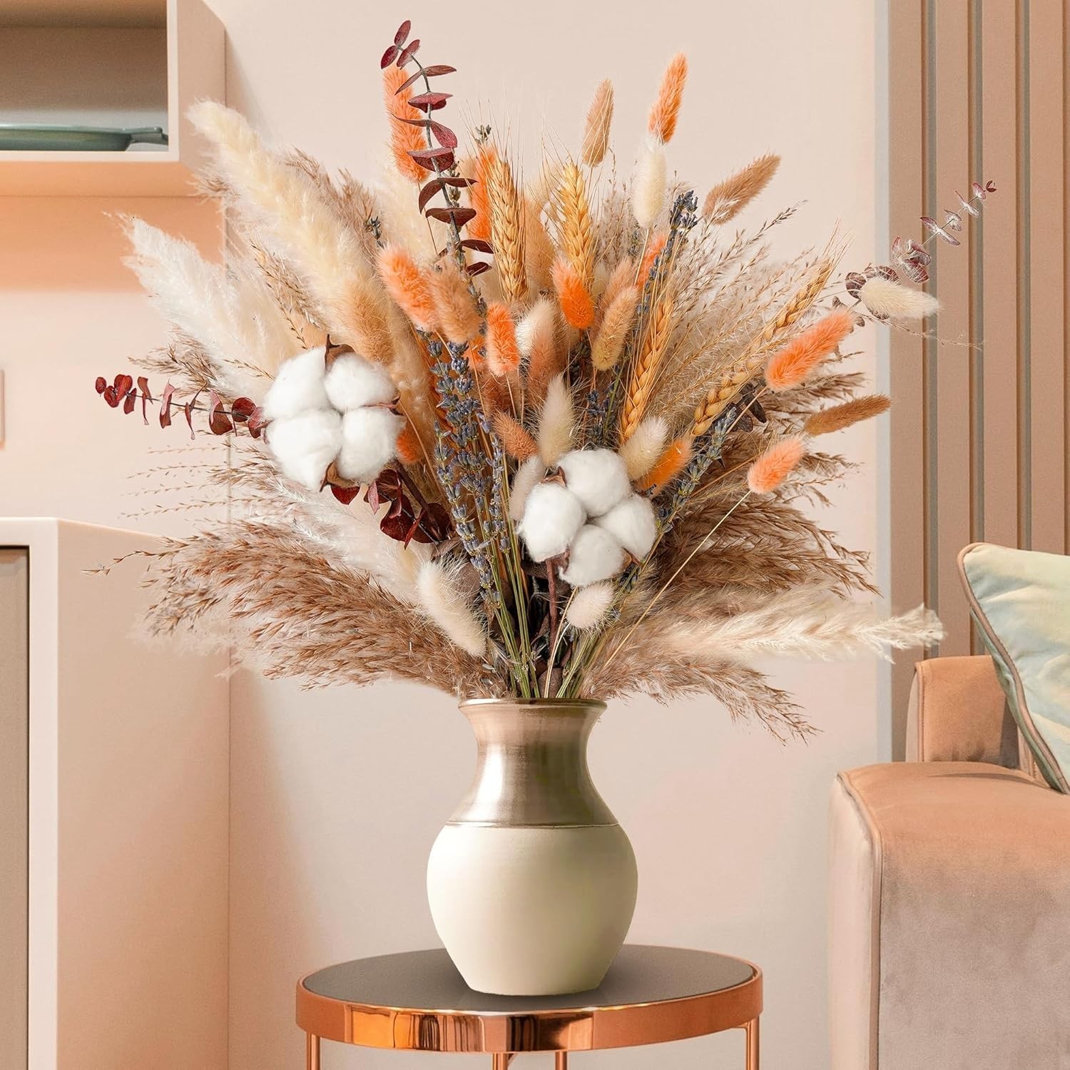 Handcrafted Dried Flower Bouquet – Autumn Decor with Orange Bunny Tails & Cotton