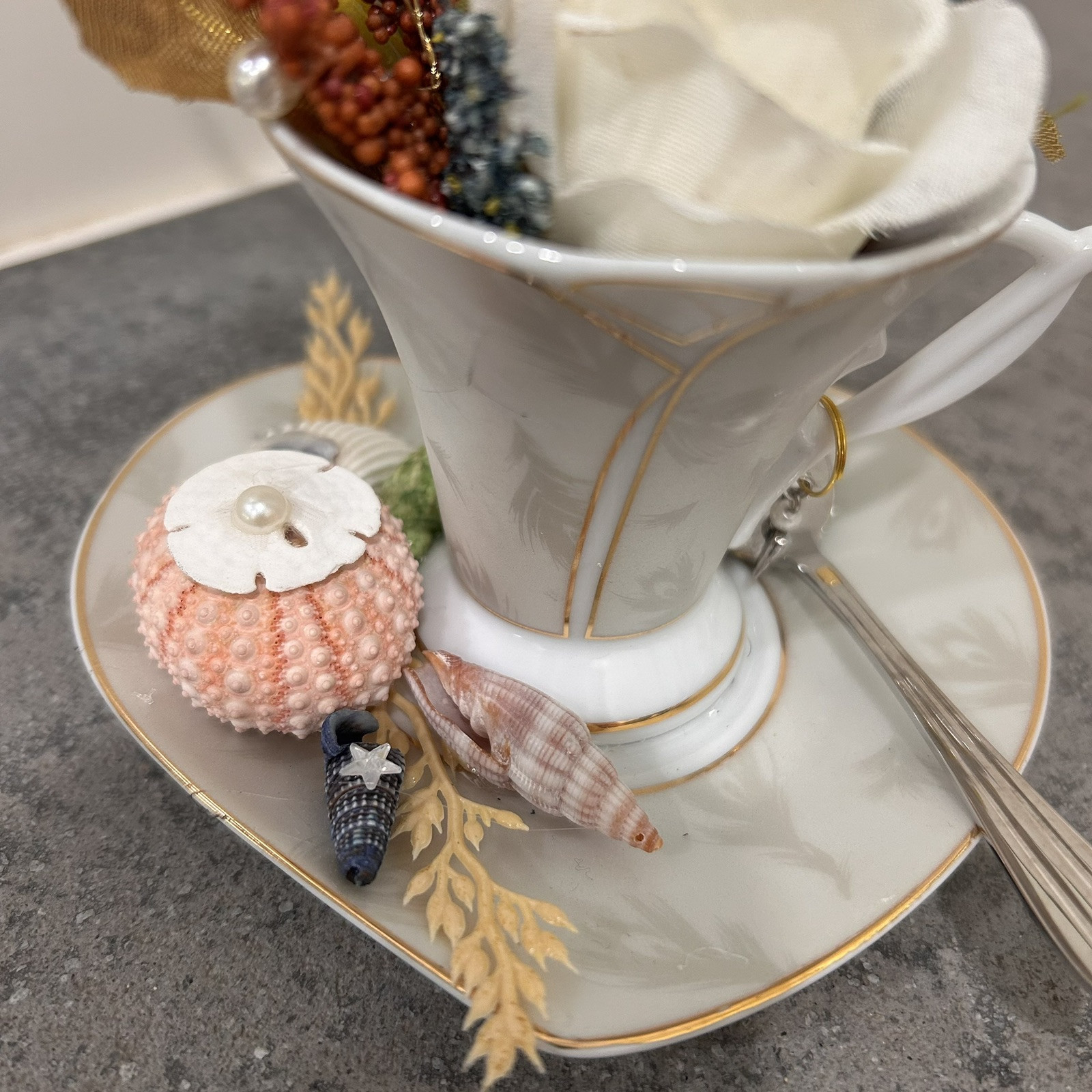 Floral Seashell Assemblage In GMA Fine Porcelain China Tea Cup Saucer Set