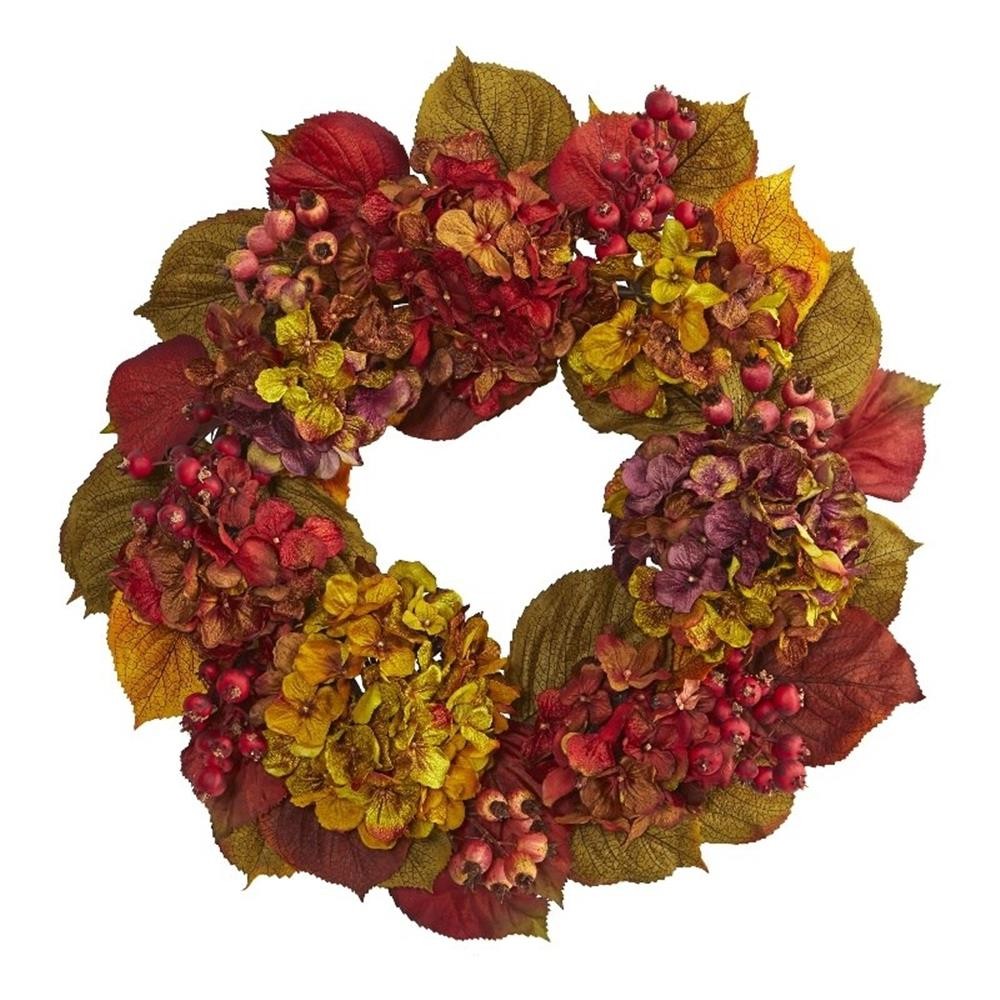 Nearly Natural 24″ Fall Hydrangea Wreath in Orange