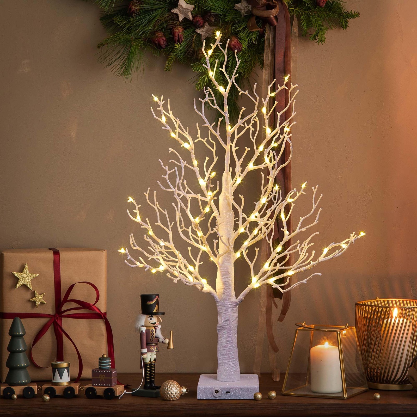 24IN Lighted Willow Tree Bonsai 70 Mini Lights Artificial White Birch Tree fo…