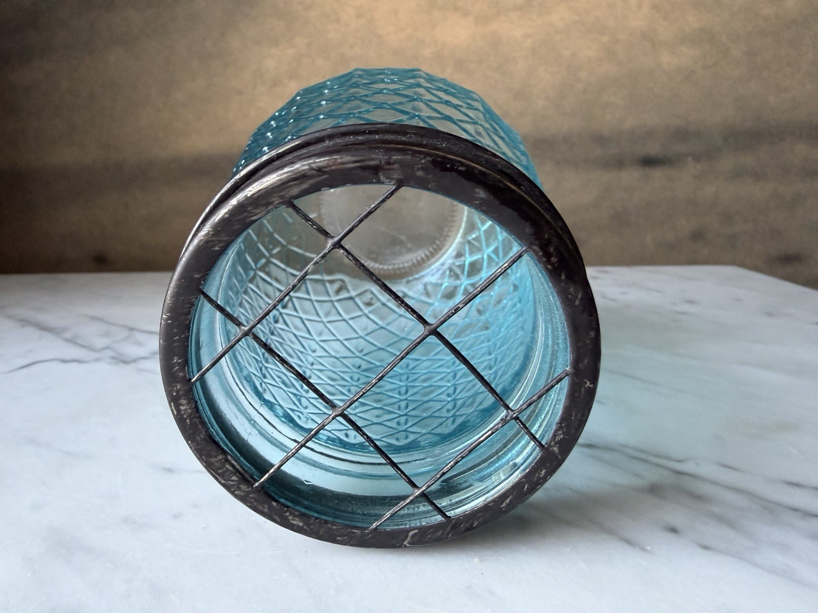 Vintage Style Blue Glass Flower Jar with Galvanized Floral Grid Lid, 5.4″