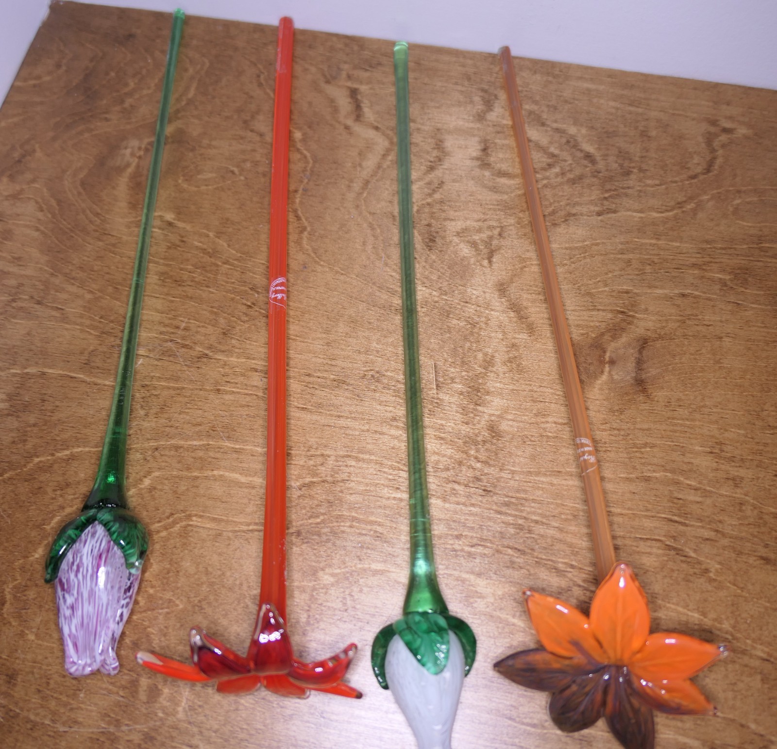 4 Art Glass Flowers Long Stem Czech Republic Royal Gallery Lilies Tulips 18″