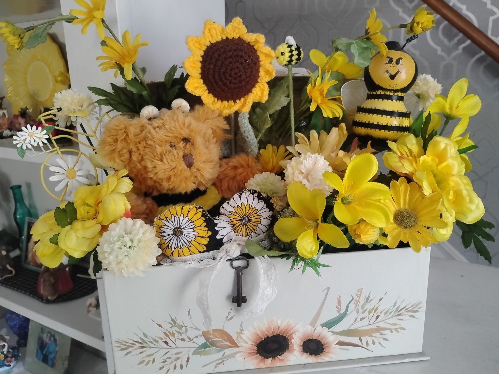 Handmade Sunflower & Bee Centerpiece In A Decorative Box With Floral And Greens,