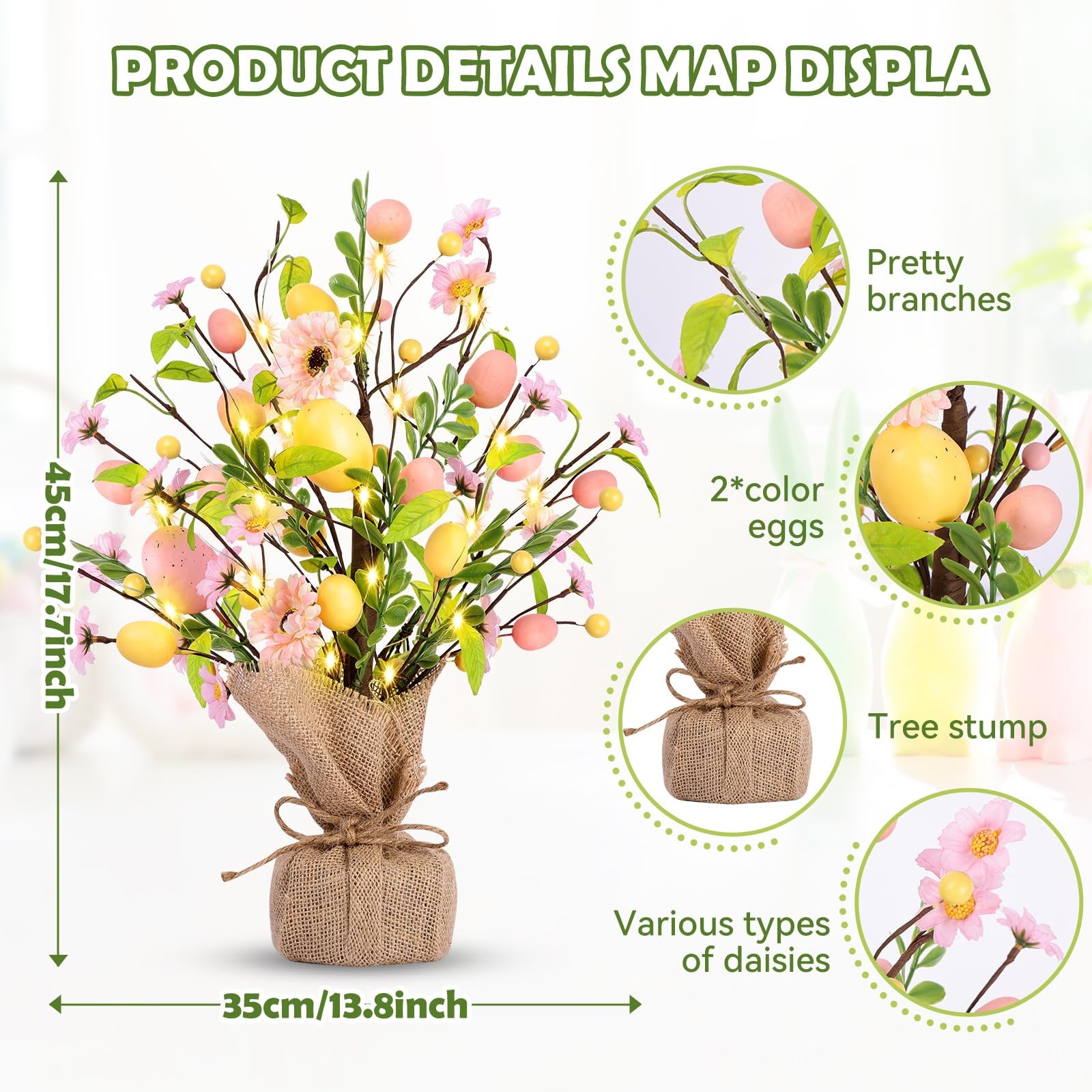 Pink PreLit Easter Egg Tree Tabletop Decor Delicate Ornaments Party Center
