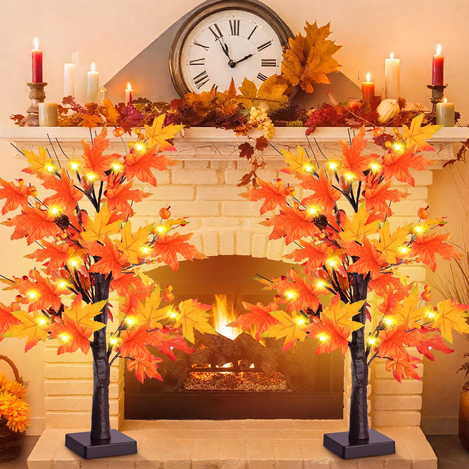 2 Pack 24 Inch Prelit Lighted Maple Tree, Artificial Fall Tree with 24 LEDs T…