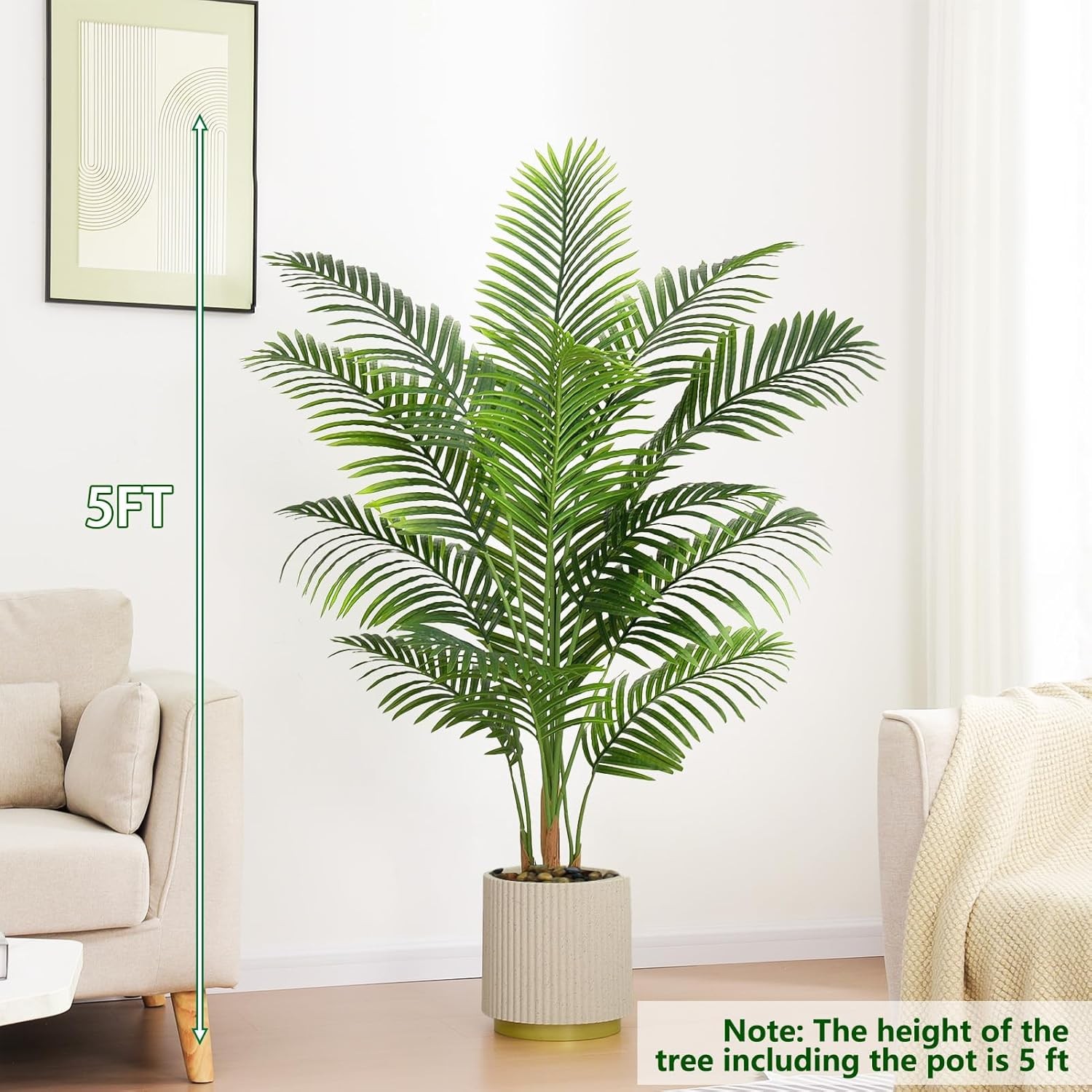 Artificial Tall Tropical Palm Tree Indoor Plant 5FT in Pot, Real Bark for home