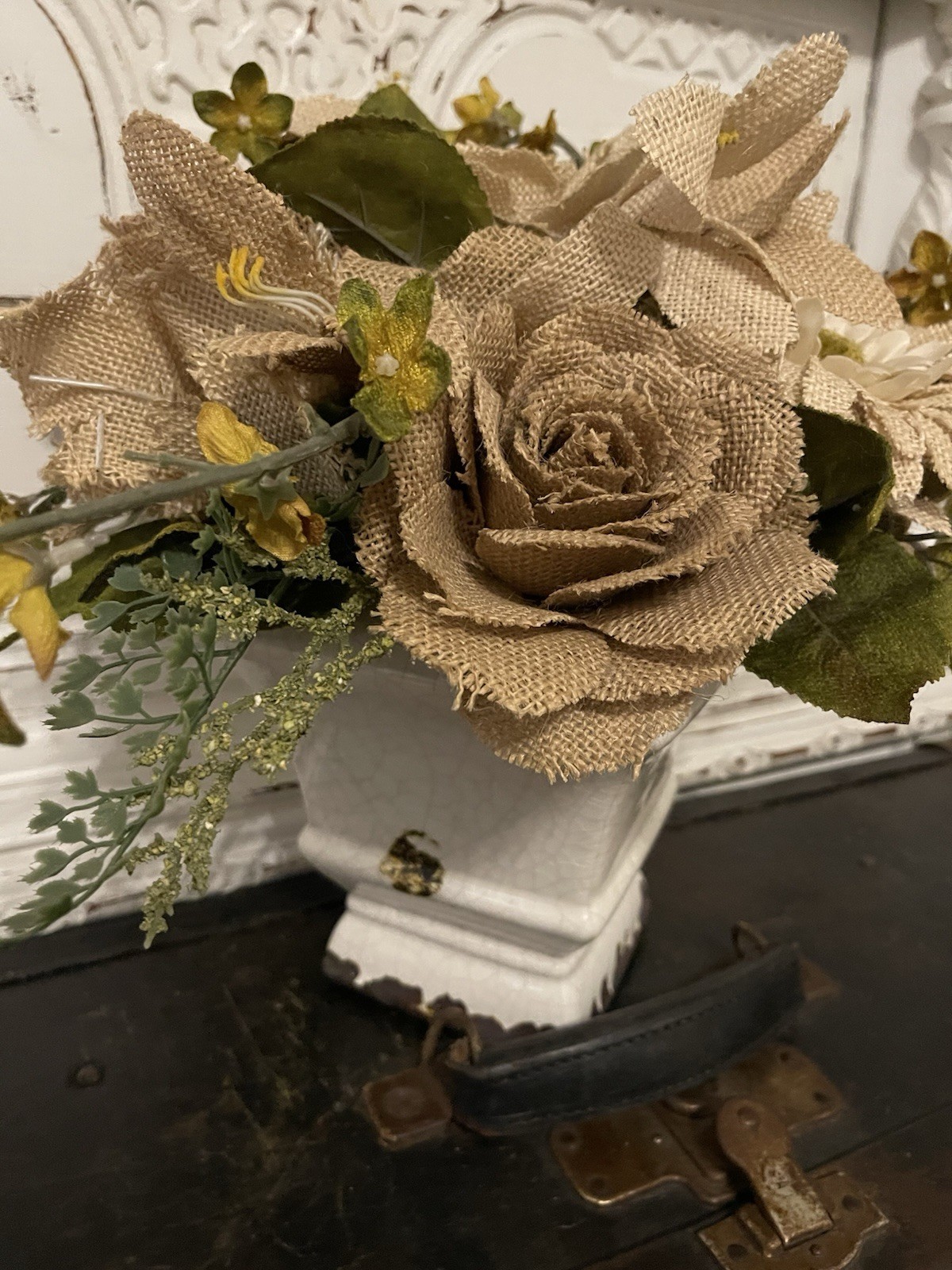 Burlap Flowers Farmhouse White Distressed Rustic Floral Centerpiece Decor