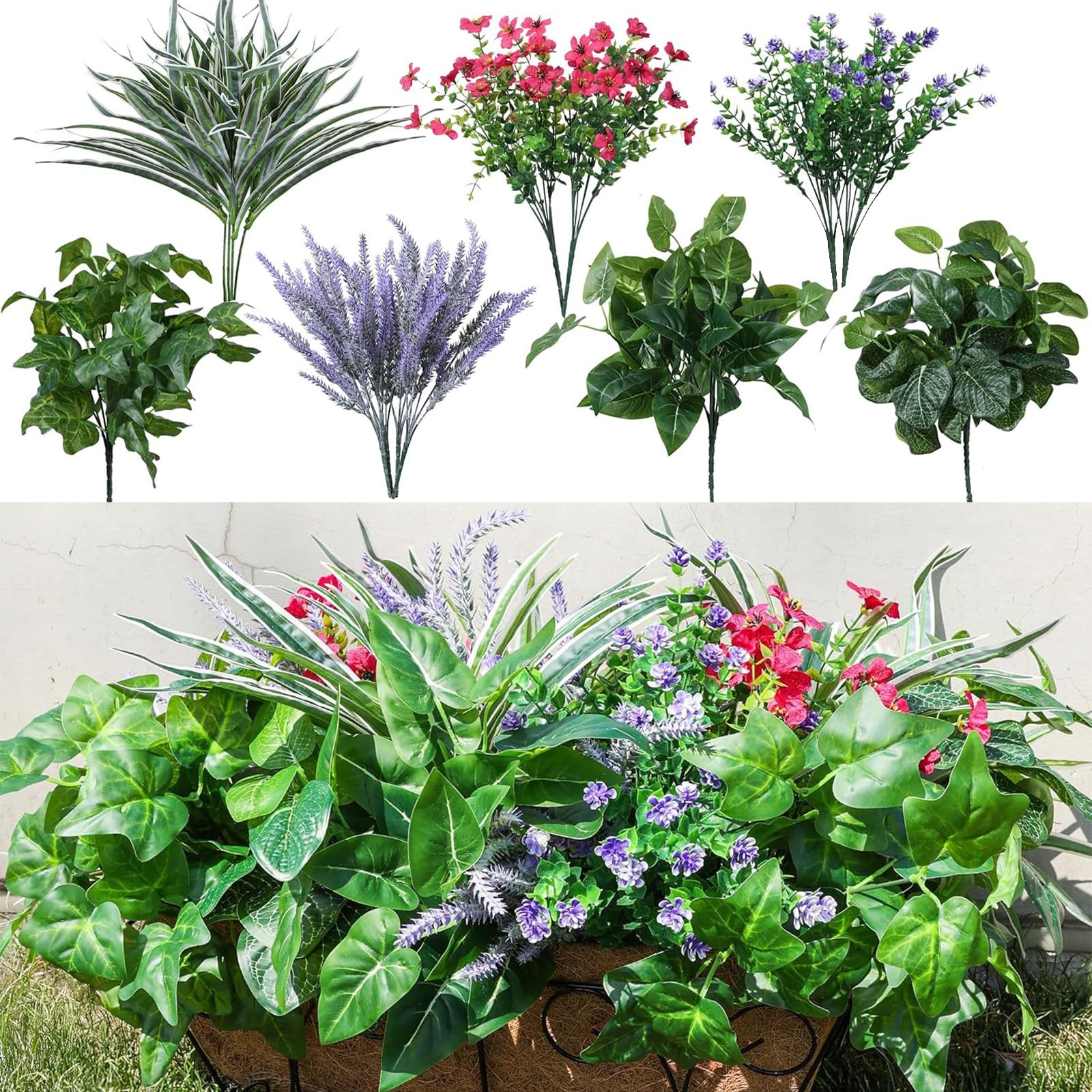 16 Bundles Artificial Plants for Outdoors, Realistic Faux Bushes Mixed Fake P…