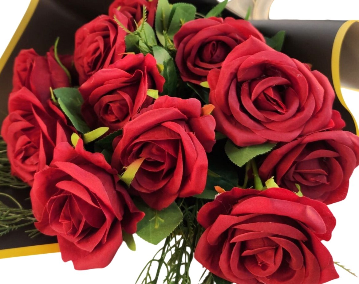 Dozen Dark Red Artificial Roses Bouquet Valentines Day Gift for Wife Romantic We