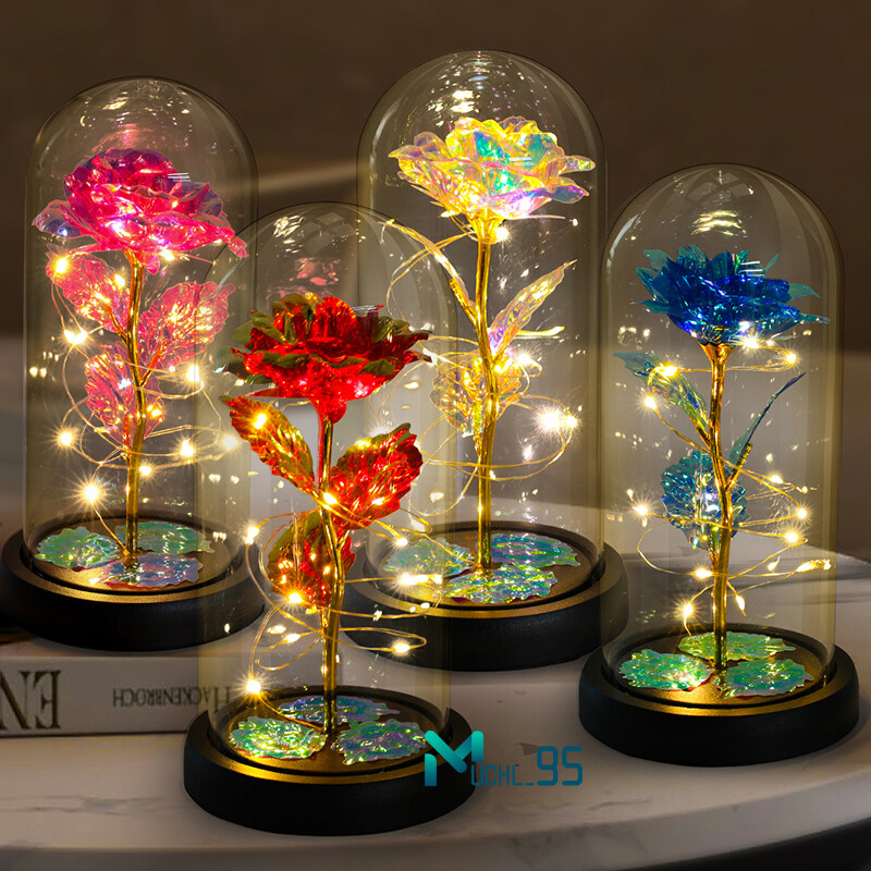 Romantic Rose Flower In Dome Glass LED Night Light Anniversaries Christmas Gifts