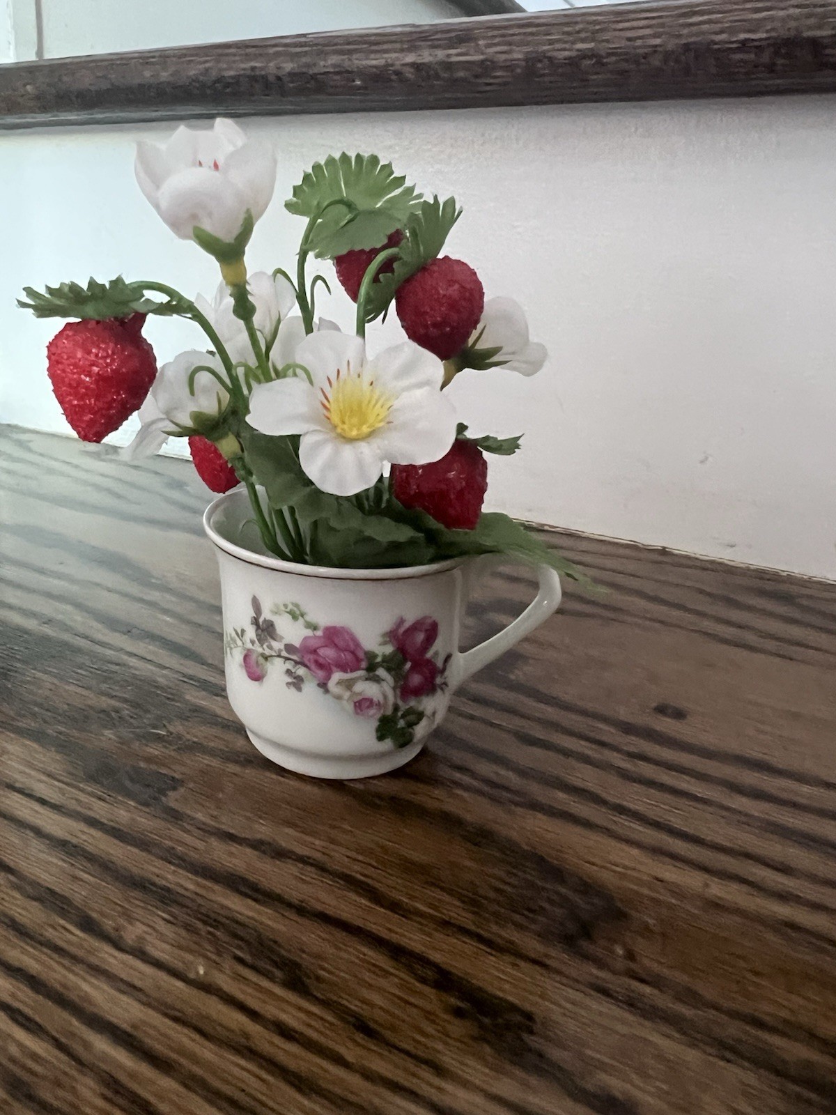 Porcelain Artificial Strawberry Floral Arrangement in Teacup Cottage Core Decor