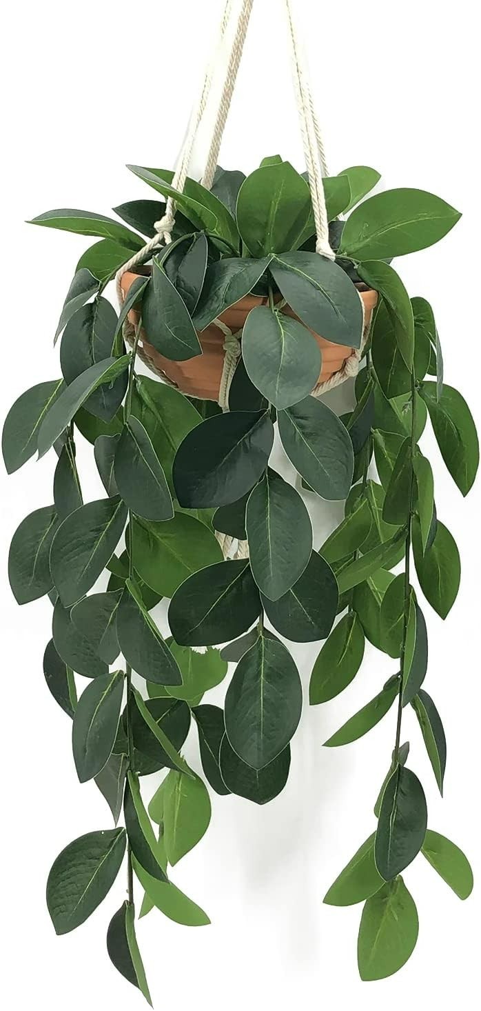 Washable 30” Hanging Plant with Flexible Stems in Elegant Clay Pot – Home Decor