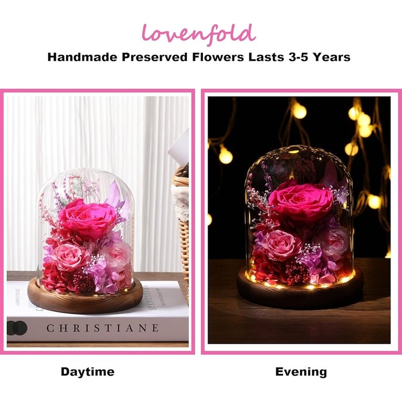 Long Lasting Preserved Roses in Glass Dome W/ LED Lights Unique Gift Idea New