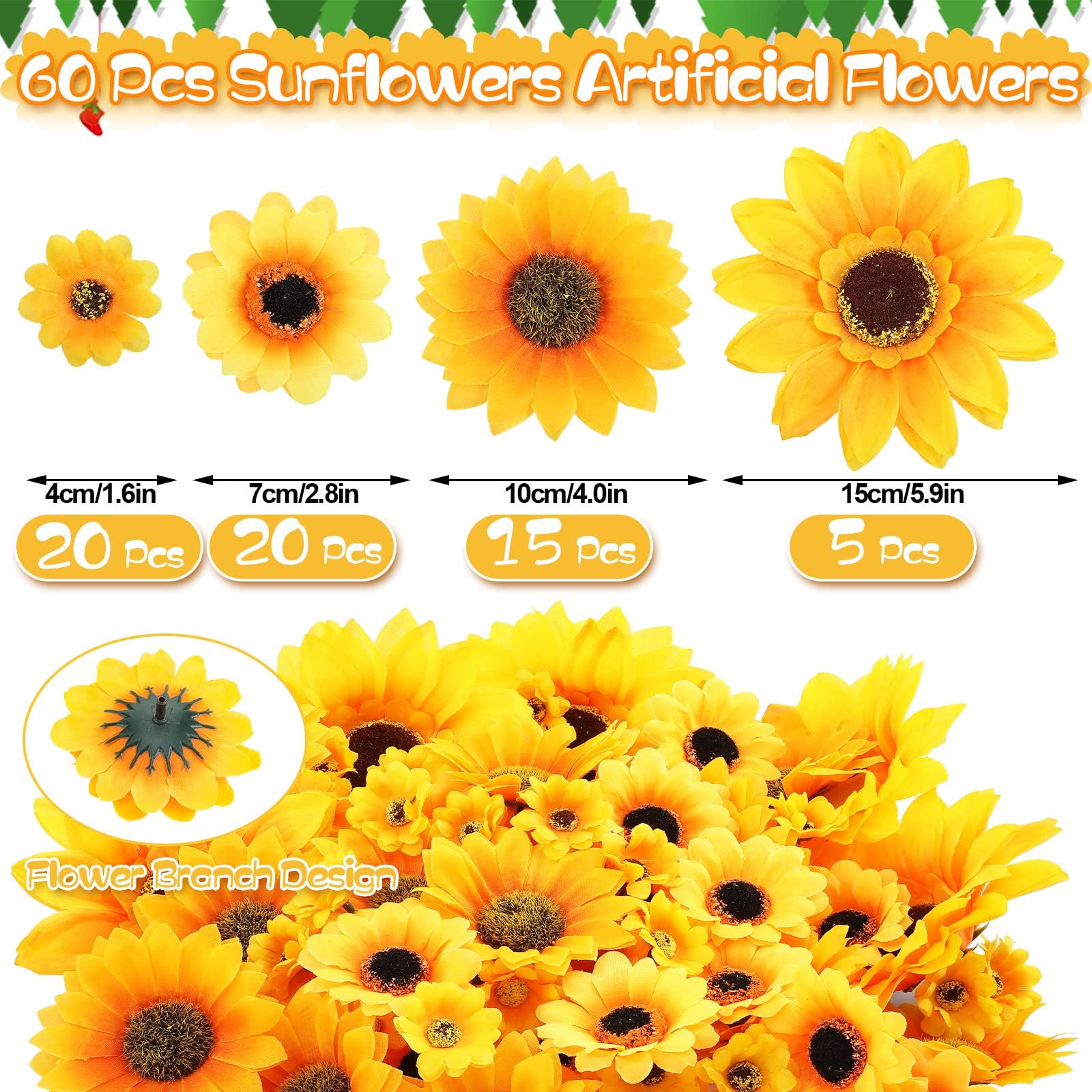 Jetec 60 Pieces Artificial Sunflower Heads with 80 LEDs String Light and Bow,…