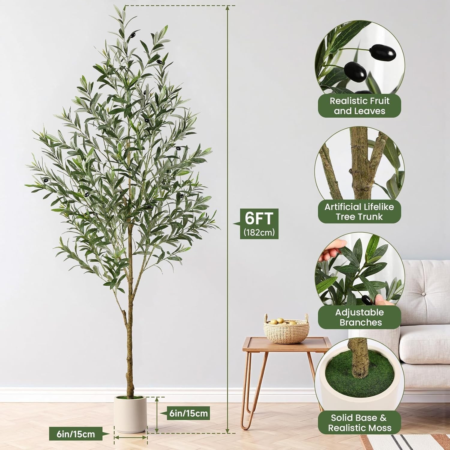 Artificial Olive Tree Potted Fake Plant with Fruits White Planter Home Office