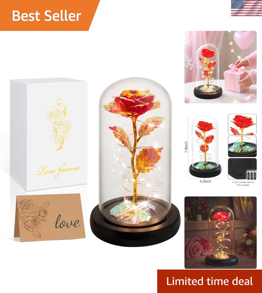 Eternal Red Rose in Glass Dome with LED Lights – Perfect Gift for Any Occasion