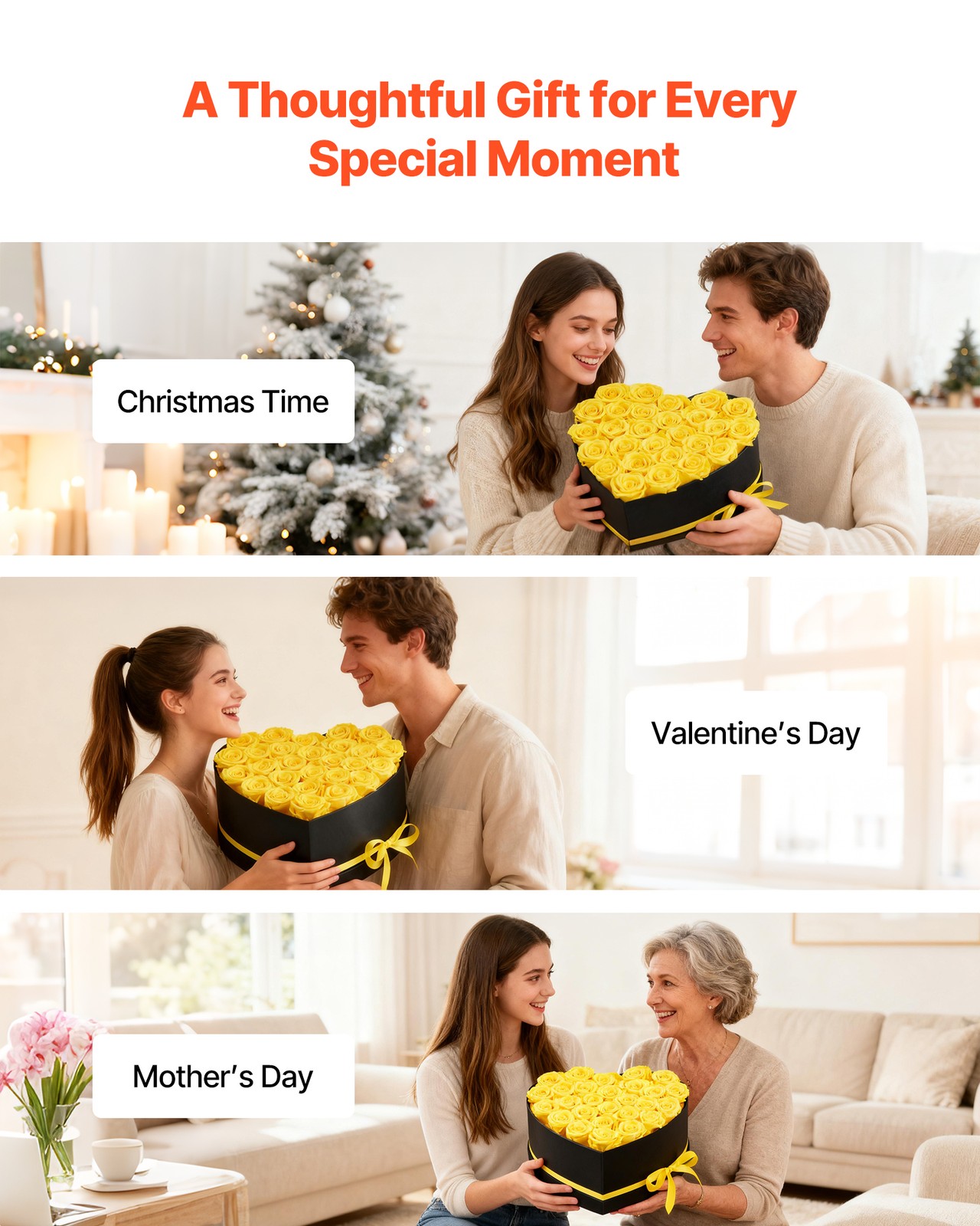 VEVOR Forever Flowers 27 Preserved Roses Heart Box Eternal Bouquet Yellow