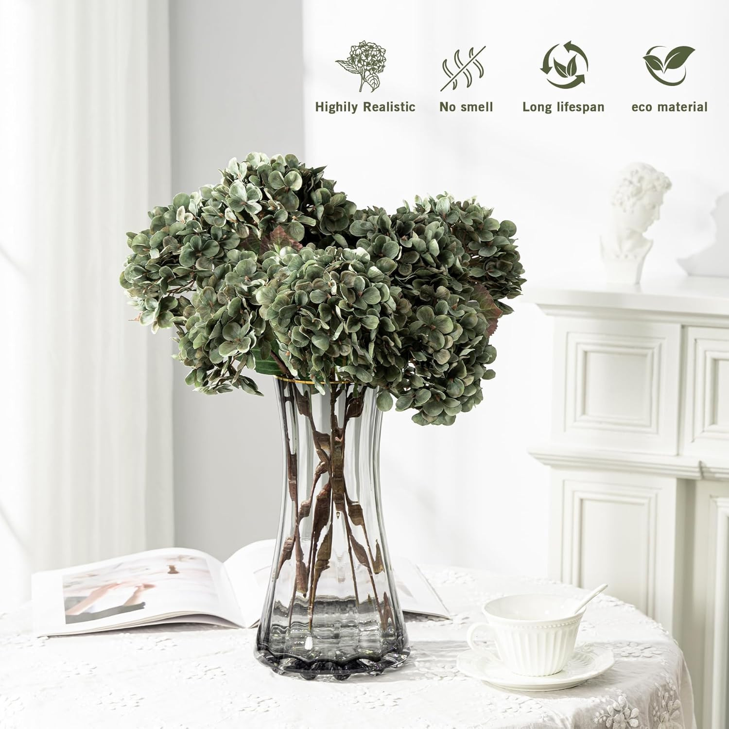 Green Artificial Silk Hydrangea Flowers for Fall Decor – 8 Pcs Bouquet