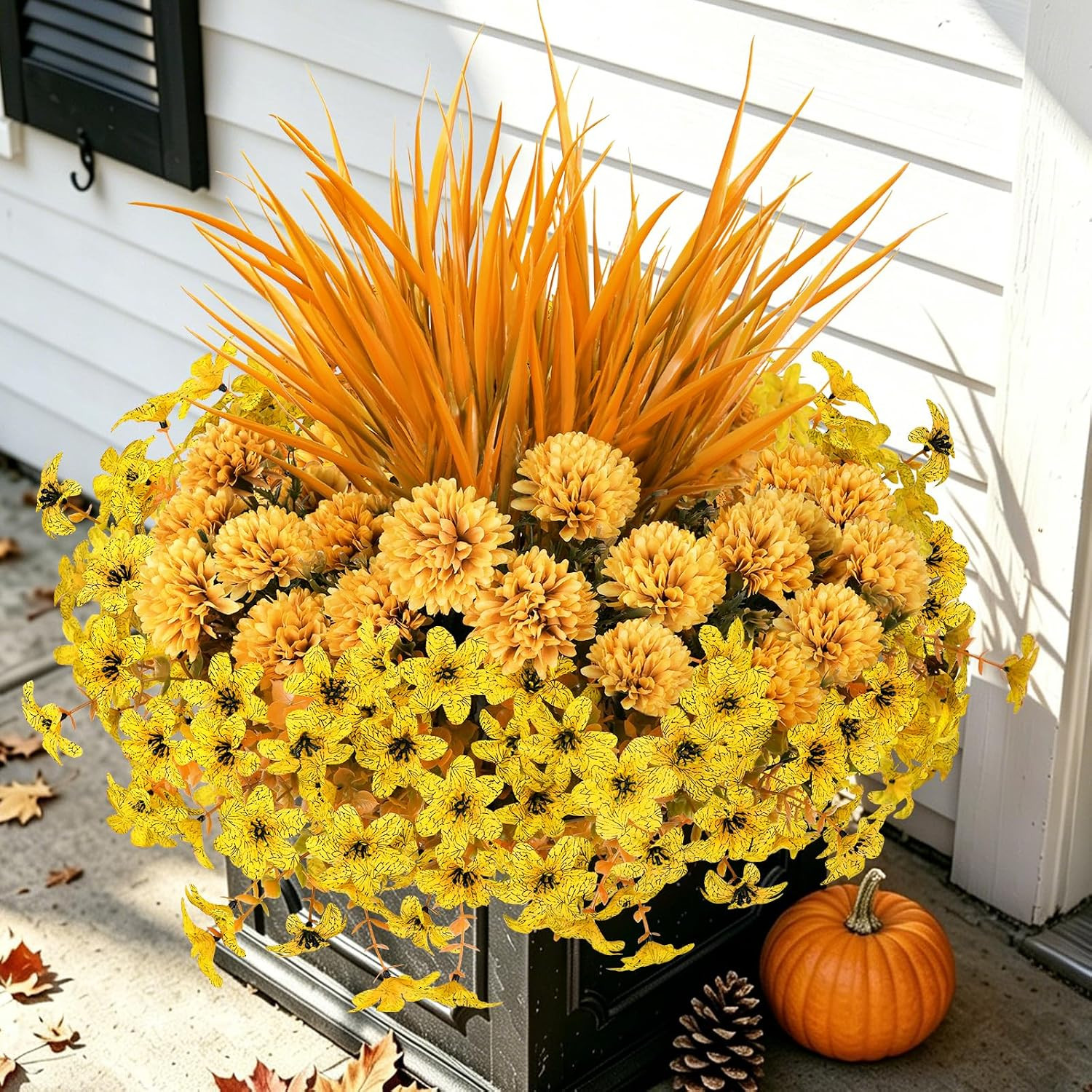8 Bundles Yellow Faux Mums Flowers for Outdoor Planters and Gardens