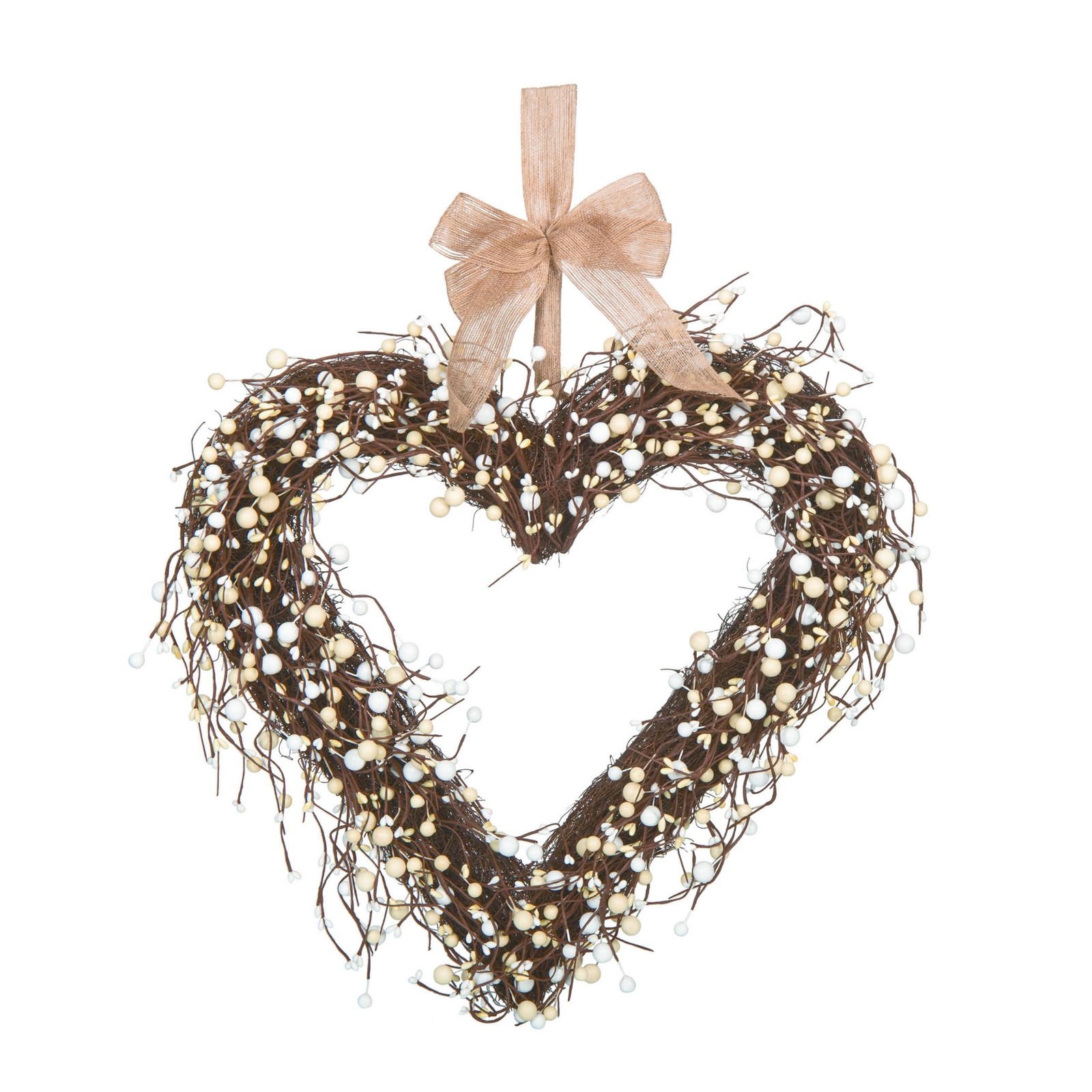 Transpac White, Cream Berry Heart Wreath w/Burlap Ribbon 20″x2″x20.5″H