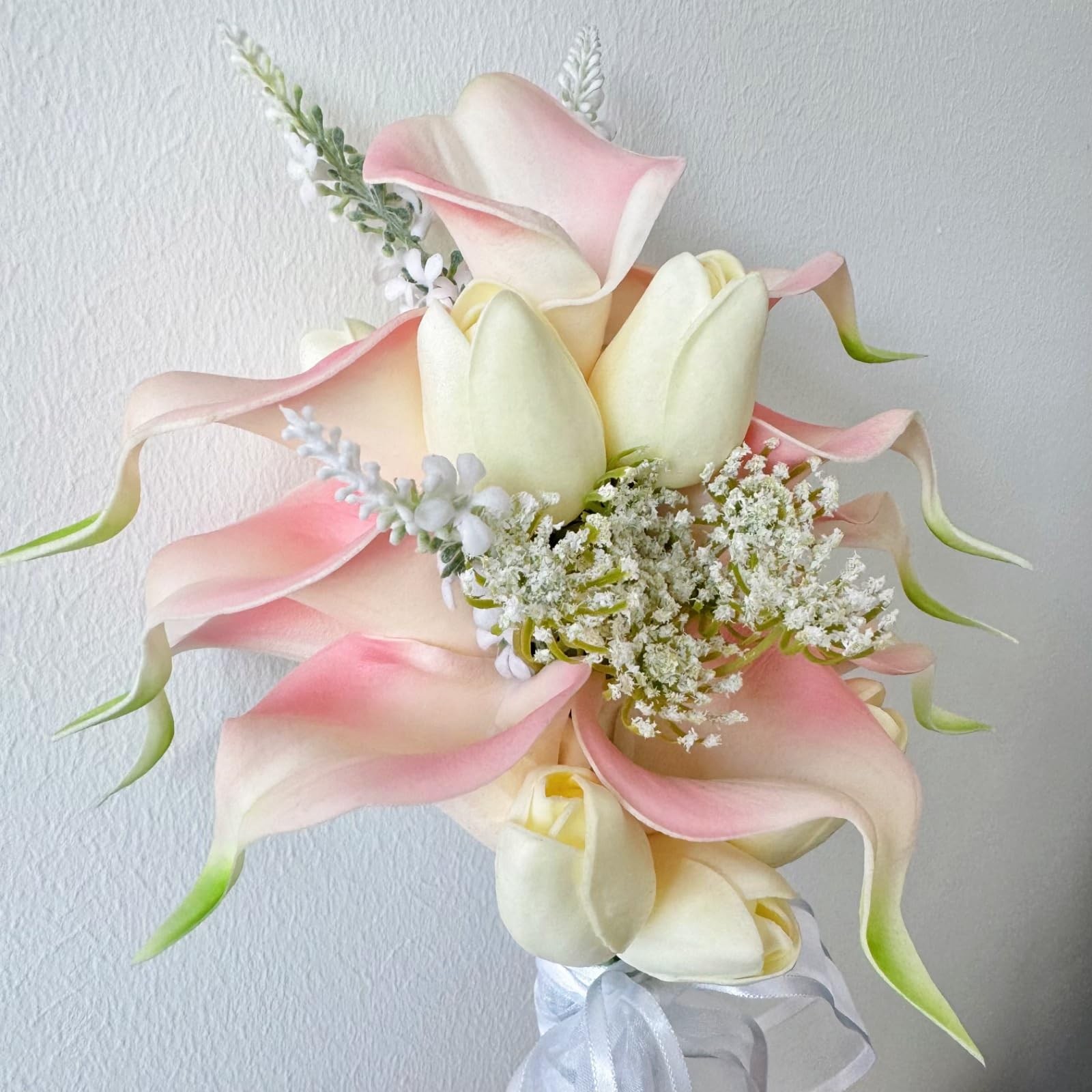 Cream Pink Artificial Calla Lilies Tulip Flowers Bridesmaid Bouquet Set