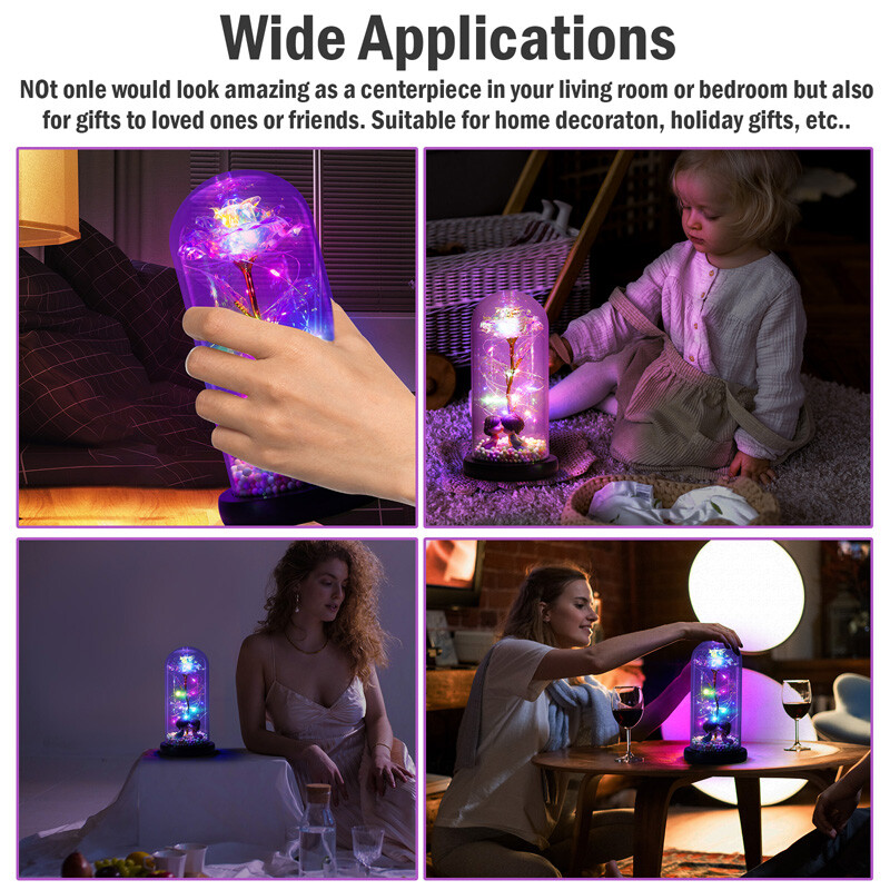 Enchanted Crystal Galaxy Rose Flower In Dome Glass LED Night Light Uniques Gifts